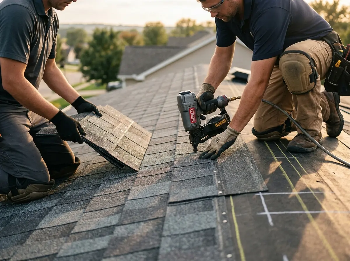 Professional roofer working on a residential roof in Berwyn